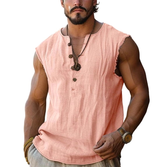 LpwkSSA Mens Sleeveless Linen Henley Top Button Placket Design V Neck Lightweight Fabric Casual Silhouette for Beach Vacations Pink M