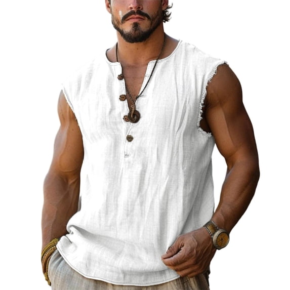 LpwkSSA Mens Sleeveless Linen Henley Top Button Placket Design V Neck Lightweight Fabric Casual Silhouette for Beach Vacations White L