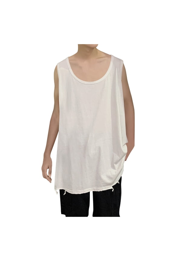 Mens Sleeveless Oversized Top Scoop Neck Design Side Split Hem Loose Fit Soft Fabric Casual Silhouette for Street Style White XXL