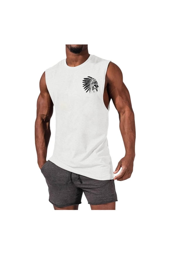 Mens Sleeveless Small Logo Top Minimalist Chest Print Design Crew Neck Slim Cut Smooth Fabric Casual Silhouette for Street Style White XL