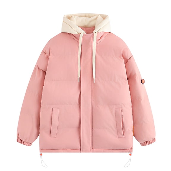 LpwkSSA Mens Winter Warm Down Coat Casual Fashion Fake Two Piece Jacket Hooded Color Blocked Long Sleeve Drawstring Winter Fake Two Piece Warm Jacket Pink XXL