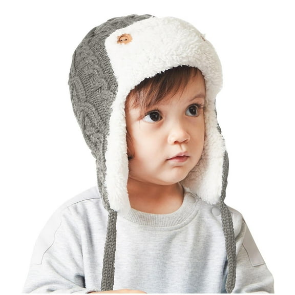 LpwkSSA Newborn Toddler Baby Boys Girls Winter Knitted Beanie Hat Warm Fleece Lined Earflap Cap for Ages 0-3 Years (Gray,S)