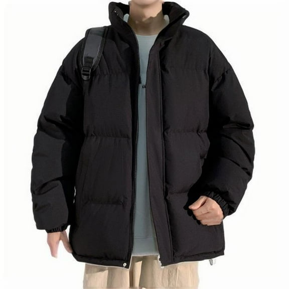 LpwkSSA Padded Jacket for Men Full Zip Stand Collar Jackets with Pockets Casual Loose Fitting Down Coat Fashion Color Block Coats Fall Winter Outerwear Black M