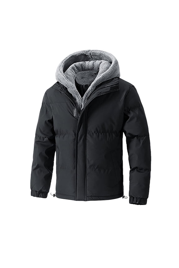 Puffer Jacket for Men Solid Color Zipper Lightweight Hooded Winter Warm Cotton Jacket Long Sleeve Parkas Long Sleeve Thick Casual Cotton Padded Jacket Coat Black XXL