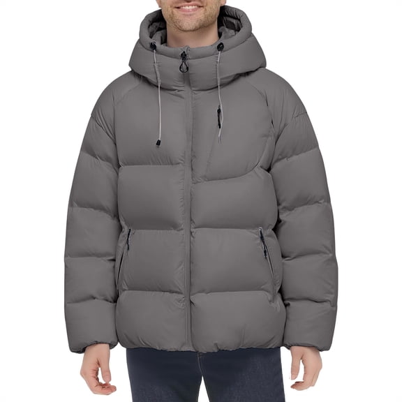 LpwkSSA Puffer Jacket for Men Zipper Hooded Long Sleeve Outdoor Winter Coat with Pockets Solid Color Thermal Comfy Thicken Windproof Fashion Outerwear Gray S