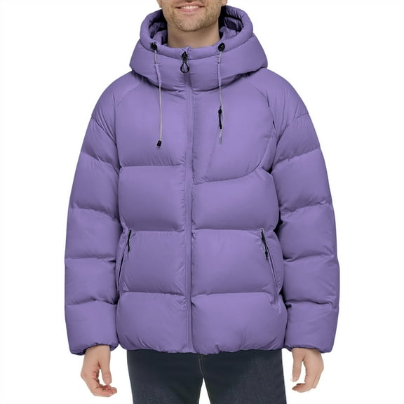 LpwkSSA Puffer Jacket for Men Zipper Hooded Long Sleeve Outdoor Winter Coat with Pockets Solid Color Thermal Comfy Thicken Windproof Fashion Outerwear Purple L