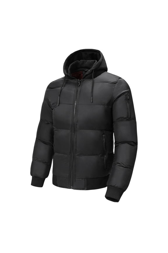 Puffer Jackets for Men Solid Color Draw Rope Pocket Zipper Hooded Long Sleeves Windproof Cotton Loose Coat Black XL