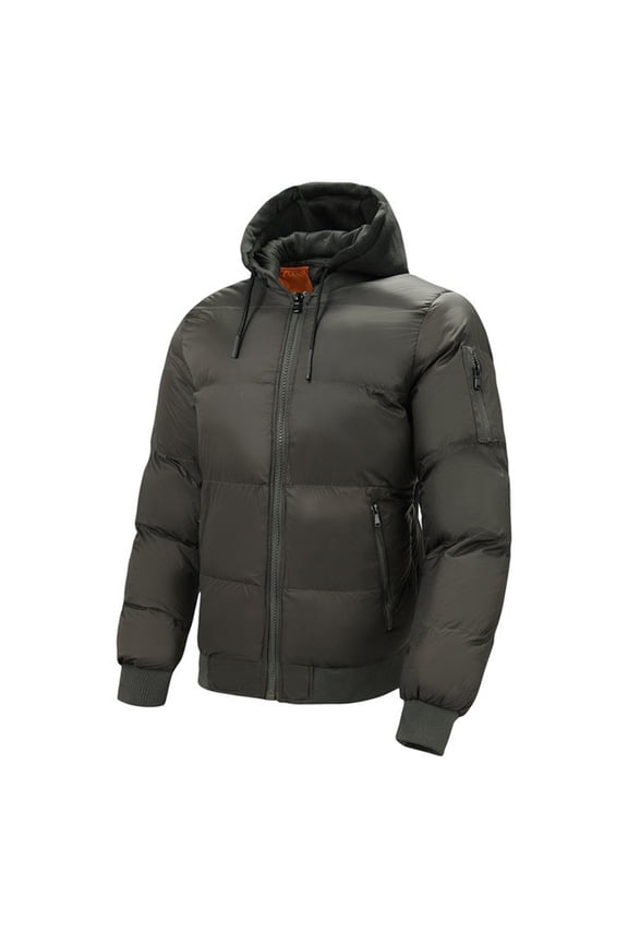 Puffer Jackets for Men Solid Color Draw Rope Pocket Zipper Hooded Long Sleeves Windproof Cotton Loose Coat Green XXL