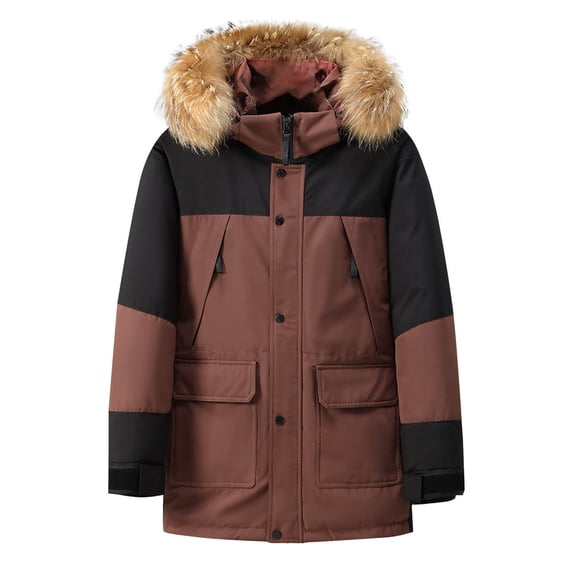 LpwkSSA Puffer Jackets for Men Winter Warm Solid Color Draw Rope Pocket Zipper Hooded Long Sleeves Cotton Casual Fashion Loose Coat Red L