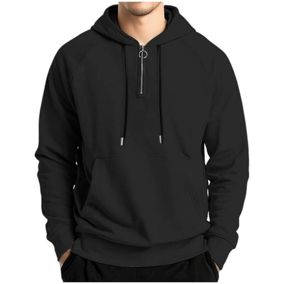 LpwkSSA Quarter Zipper Hoodies for Men Drawstring Long Sleeve Fleece Lined Pullover Solid Casual Hooded Sweatshirts with Front Pocket Black M
