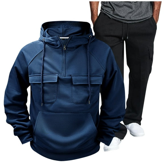 LpwkSSA Sports Hoodies for Men Solid Color Long Sleeve Hooded Sport Coat Multi Pocket Zipper Winter Warm Hoodie Set Blue L