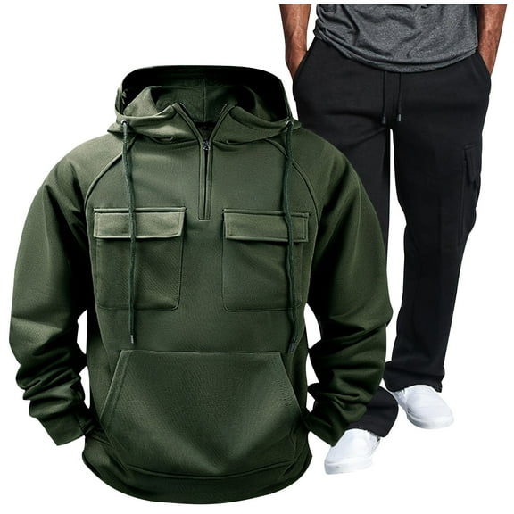 LpwkSSA Sports Hoodies for Men Solid Color Long Sleeve Hooded Sport Coat Multi Pocket Zipper Winter Warm Hoodie Set Green S