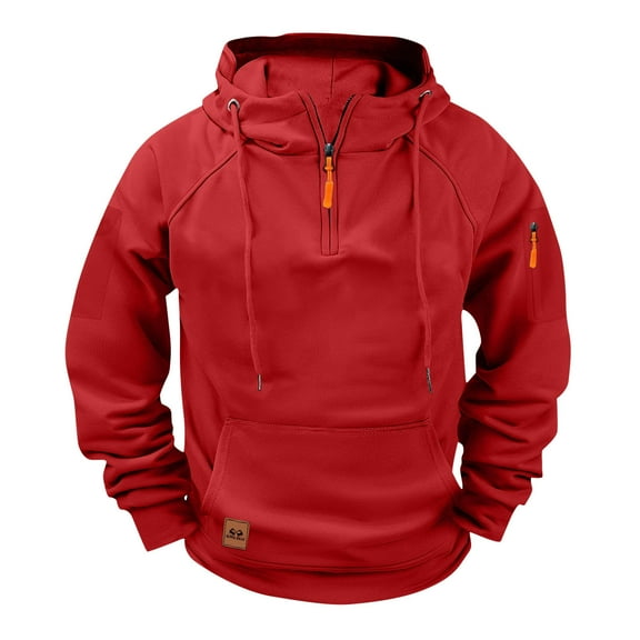 LpwkSSA Sports Hoodies for Men Solid Color Quarter Zipper Fashionable And Personalized Casual Hoodie with Front Pocket Winter Athletic Clothes Red L