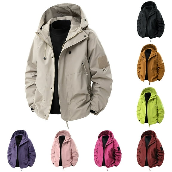LpwkSSA Sports Outdoor Coat for Men Hooded Zipper Coats with Multiple Pocket Waterproof Casual Solid Color Long Sleeved Windbreaker Coats Red S