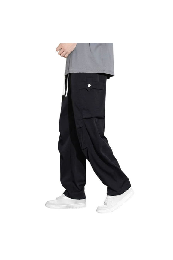 Summer Ice Silk Men Casual Pants Thin Lightweight Breathable Wide-Leg Zippered Pockets Elastic Waist for Comfort Active Outdoor Daily Wear Black XL