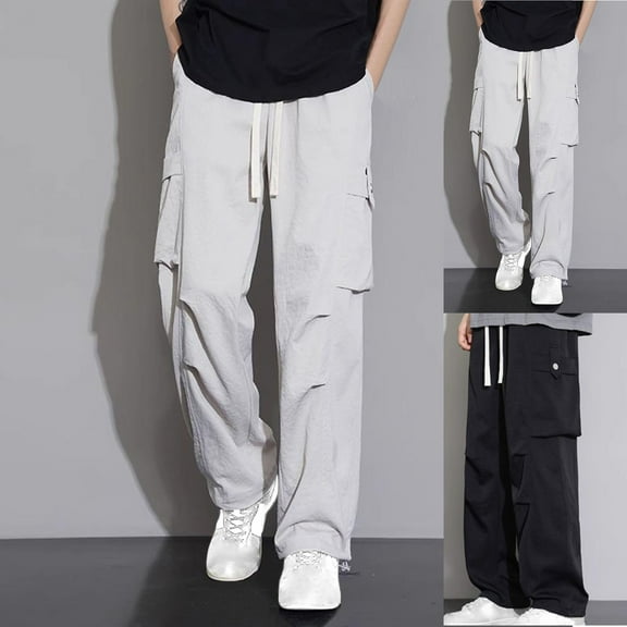 LpwkSSA Summer Ice Silk Men Casual Pants Thin Lightweight Breathable Wide-Leg Zippered Pockets Elastic Waist for Comfort Active Outdoor Daily Wear Black L