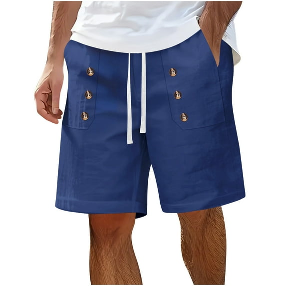 LpwkSSA Summer Men's Casual And Fashionable Solid Color Drawstring Elastic Waist Shorts Blue L