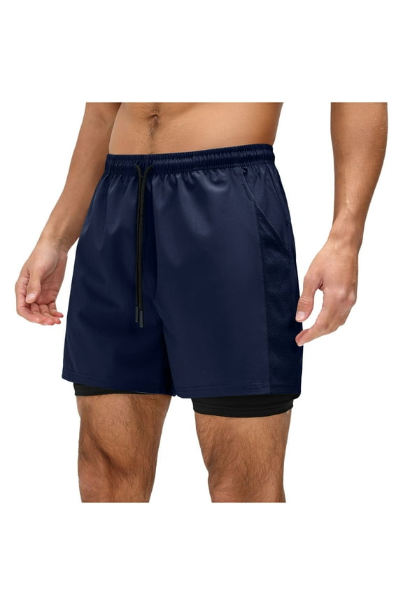 Summer Men's Solid Color Casual Elastic Waist Drawstring Pocket Shorts Blue XXL