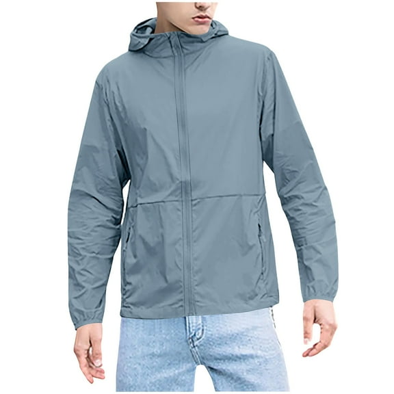 LpwkSSA Sun Protection Coat for Men Solid Color Outdoor Pocket Zipper Long Sleeved Running And Fitness Sunscreen Hooded Outwear Jacket Blue XXL