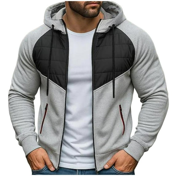 LpwkSSA Thermal Hooded Coats Men's Solid Color Spliced Long Sleeved Hooded Zipper Cardigan Casual Fashion Sweater Jacket Gray L