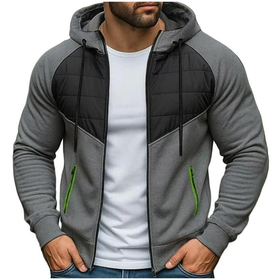 LpwkSSA Thermal Hooded Coats Men's Solid Color Spliced Long Sleeved Hooded Zipper Cardigan Casual Fashion Sweater Jacket Gray XXL