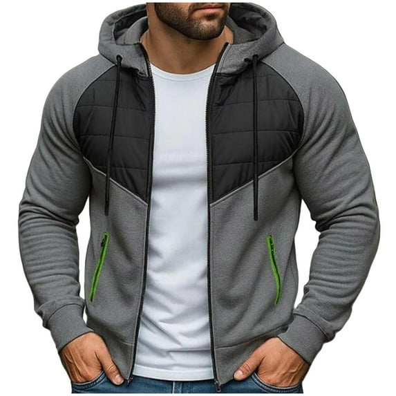 LpwkSSA Thermal Hooded Coats Men's Solid Color Spliced Long Sleeved Hooded Zipper Cardigan Casual Fashion Sweater Jacket Gray XXL