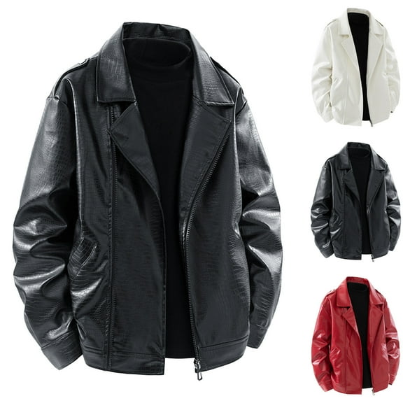 LpwkSSA Thermal Leather Jacket for Men with Pocket Hoodless Long Sleeve Zip Up Relaxed Fit Casual Turndown Collar Fashion Winter Coats Black M