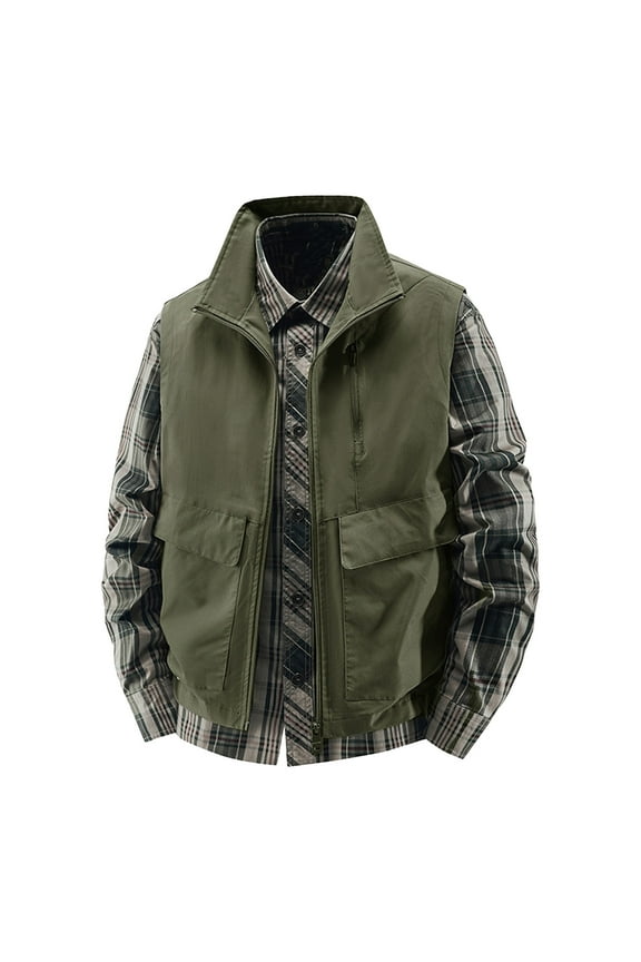 Travel Vests for Men Work Coat Standing Collar with Multiple Pockets Outdoor Waterproof Photography And Sports Jacket Waistcoat Green XXL