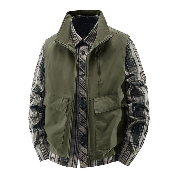 LpwkSSA Travel Vests for Men Work Coat Standing Collar with Multiple Pockets Outdoor Waterproof Photography And Sports Jacket Waistcoat Green XXXL