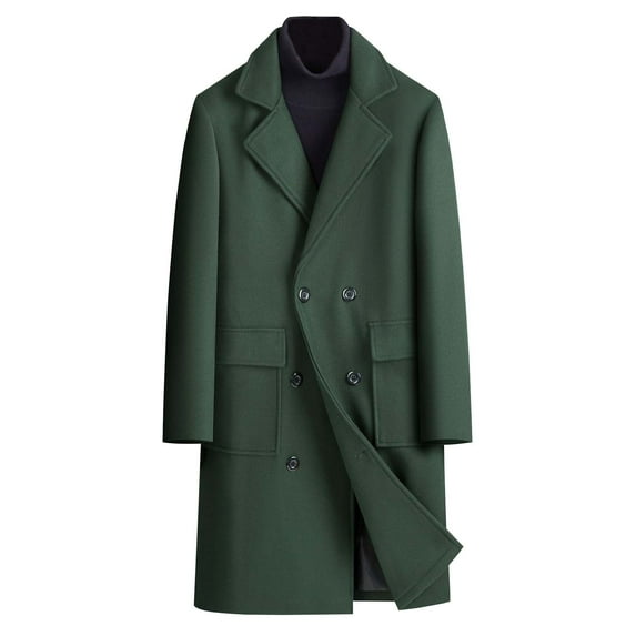 LpwkSSA Trench Coat for Men Long Double-breasted Warm Woolen Long Coat Solid Color Flip Collar Long Sleeve Hoodless Casual Outwear with Pocket Green XXXXL