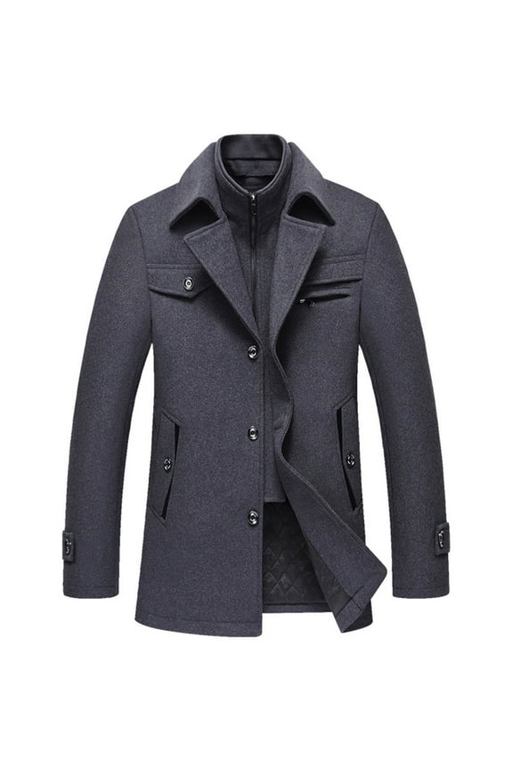 Trendy Casual Business Peacoat for Men Plus Size Solid Color Thermal Jacket with Double-Layer Collar Single Breasted Zipper Trench Coat with Pockets Gray XXXXXL