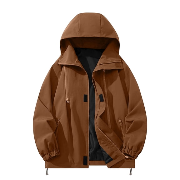 LpwkSSA Waterproof Coat for Men Casual Sports Solid Color Windproof And Waterproof Long Sleeved Hooded Workwear Outdoor Jacket Brown XXL