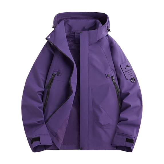 LpwkSSA Waterproof Coat for Men Solid Color Hooded Outdoor Coats with Multiple Pockets Climb Sport Run Zipper Long Sleeved Hooded Jacket Purple S