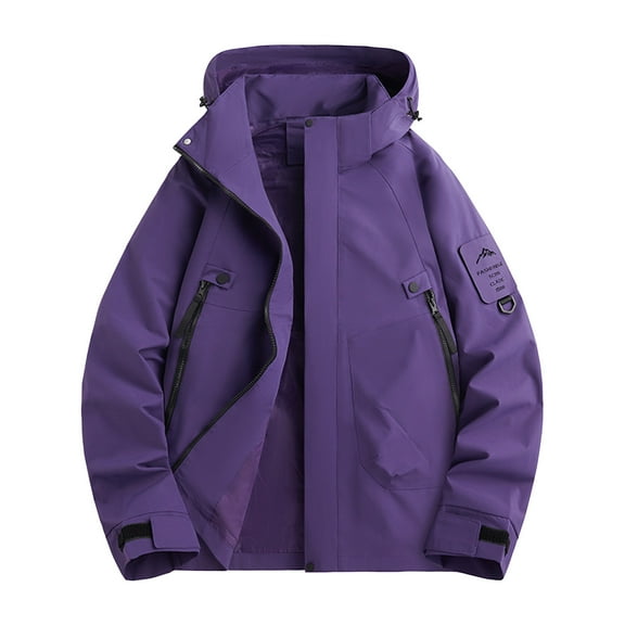 LpwkSSA Waterproof Coat for Men Solid Color Hooded Outdoor Coats with Multiple Pockets Climb Sport Run Zipper Long Sleeved Hooded Jacket Purple XS