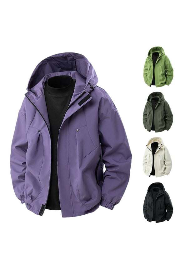 Waterproof Work Jackets for Men Casual Solid Color Windproof Long Sleeved Hooded Workwear Coats with Multiple Pockets Purple L