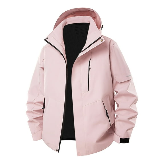 LpwkSSA Windproof Jacket for Men Solid Color Outdoor Climb Hooded Sport Jacket with Pocket Zipper Long Sleeved Loose Fit Mountaineering Coat Pink XXXL