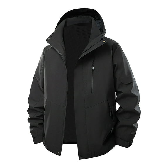 LpwkSSA Windproof Jacket for Men Solid Color Outdoor Climb Hooded Sport Jacket with Pocket Zipper Long Sleeved Loose Fit Mountaineering Coat Black XL