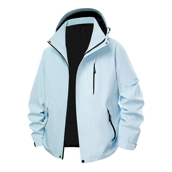 LpwkSSA Windproof Jacket for Men Solid Color Outdoor Climb Hooded Sport Jacket with Pocket Zipper Long Sleeved Loose Fit Mountaineering Coat Blue XXL