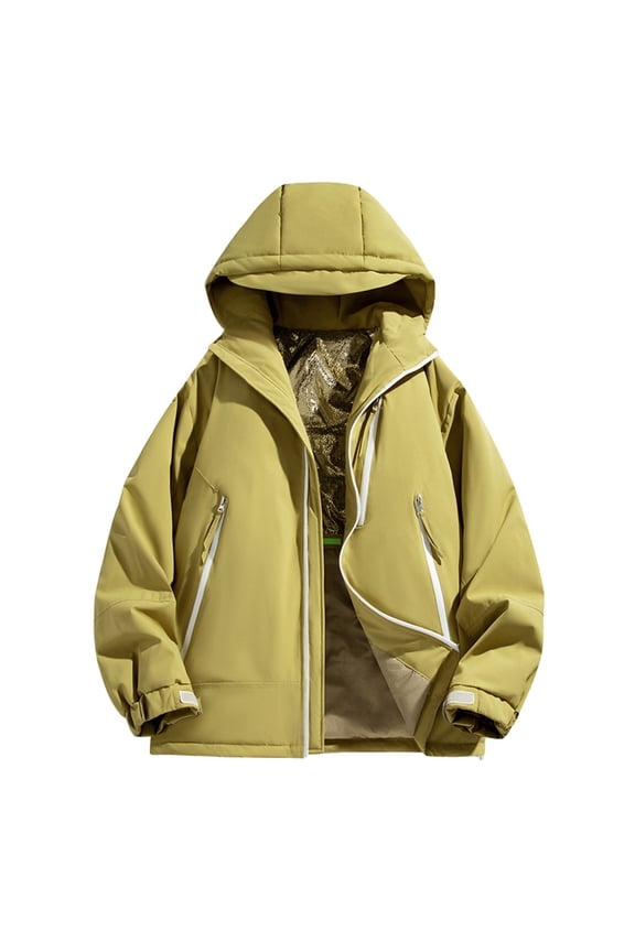 Windproof Thermal Coats for Men Lightweight Loose Fit Stitching Drawstring Hooded Slim Casual Fashion Outwear Winter Jacket Yellow XXXL