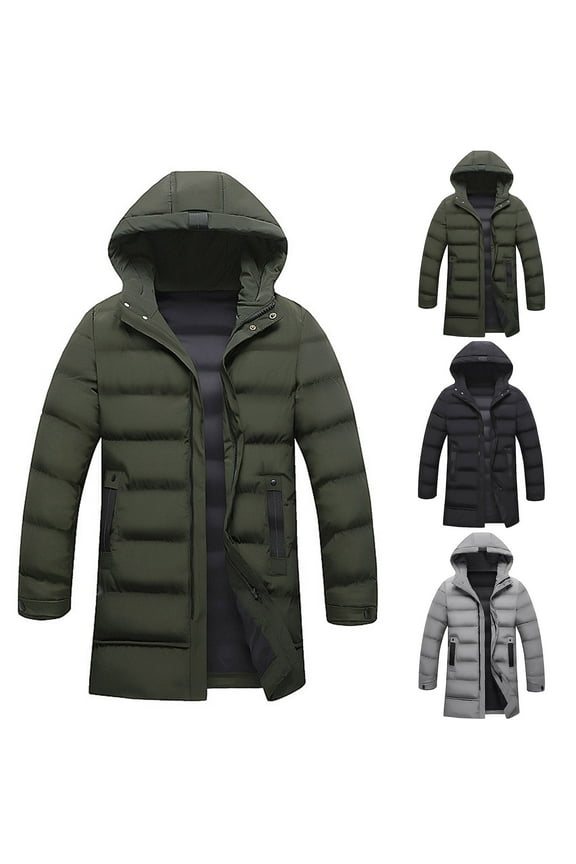 Winter Down Coat for Man Hooded Thickened Solid Color Padded Cardigan Keep Warm Midi Length Zip Up Plus Size Winter Coat for Daily Wear Black XL