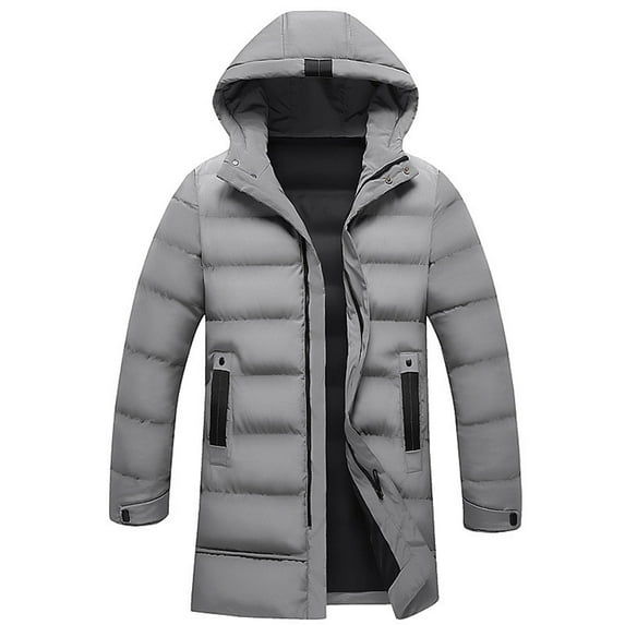 LpwkSSA Winter Down Coat for Man Hooded Thickened Solid Color Padded Cardigan Keep Warm Midi Length Zip Up Plus Size Winter Coat for Daily Wear Gray M