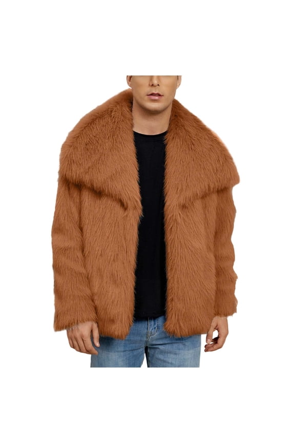 Winter Fleece Coats for Men Warm Faux Furry Solid Color Turndown Collar Outerwear Plus Size Winter Long Sleeved Cardigan Coat Orange S