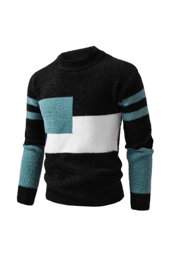 Winter Men Sweater Colorblock Knitted Thick Slim Fit Warm Half-high Collar Long Sleeve Soft Pullover Elastic Mid Length Men Sweater Black XXXL