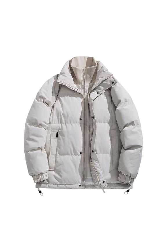 Winter Padded Coat for Men Warm Thicken Padded Jacket Fake 2 Piece Design Parka Zip Up Stand Collar Outwear White M