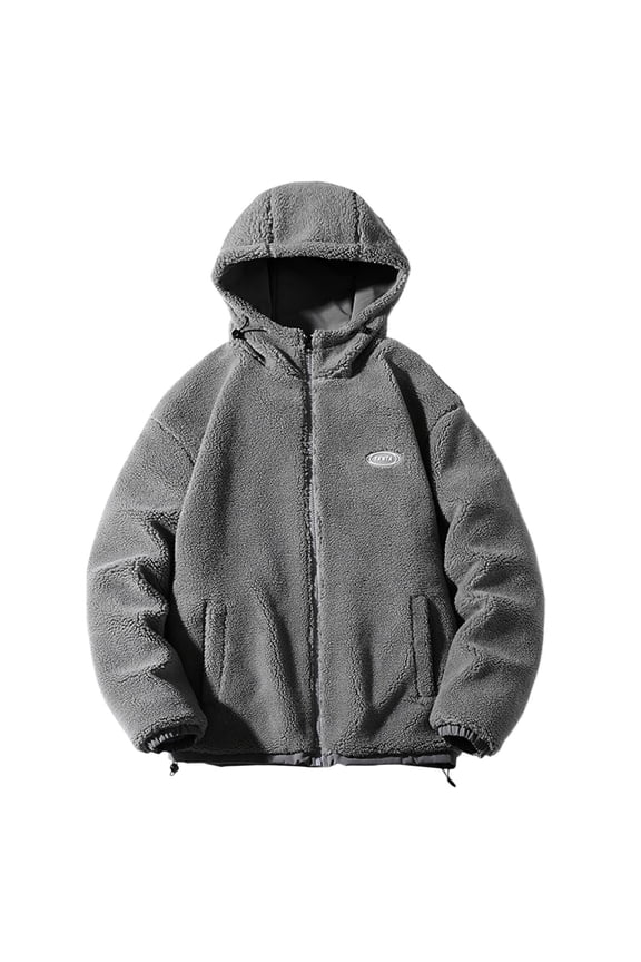 Winter Thicke Jacket for Men Lambwool Hooded Warm Zipper Sweater Coats Loose Casual Solid Color Zipper Long Sleeve Cardigan Coat Gray XXL