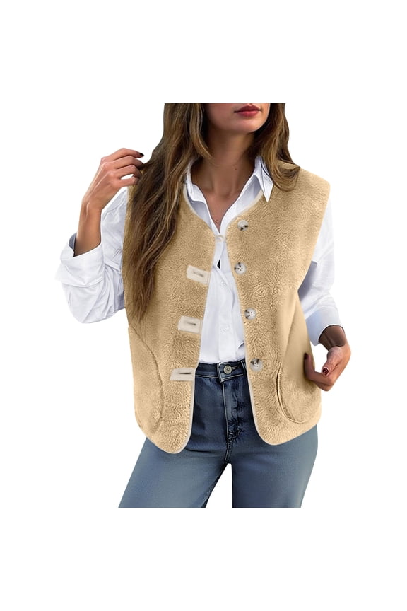 Women's Vests Outerwear Ladies Winter Vests Sleeveless Fleece Jacket Casual Fashion Button Stand Collar Long Warm Drawstring Lightweight Coat with Pockets Outerwear Khaki,L