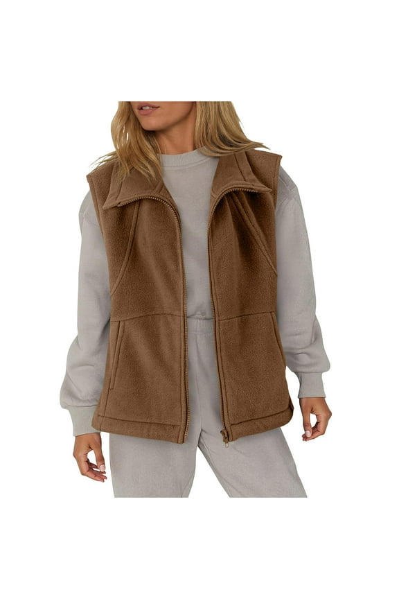 Women's Winter Cotton Round-Neck Vests Full Zip Up Fleece Winter Warm Casual Fashion Sleeveless Outerwear Jacket With Pockets for Running Hiking Travel Brown,XXL
