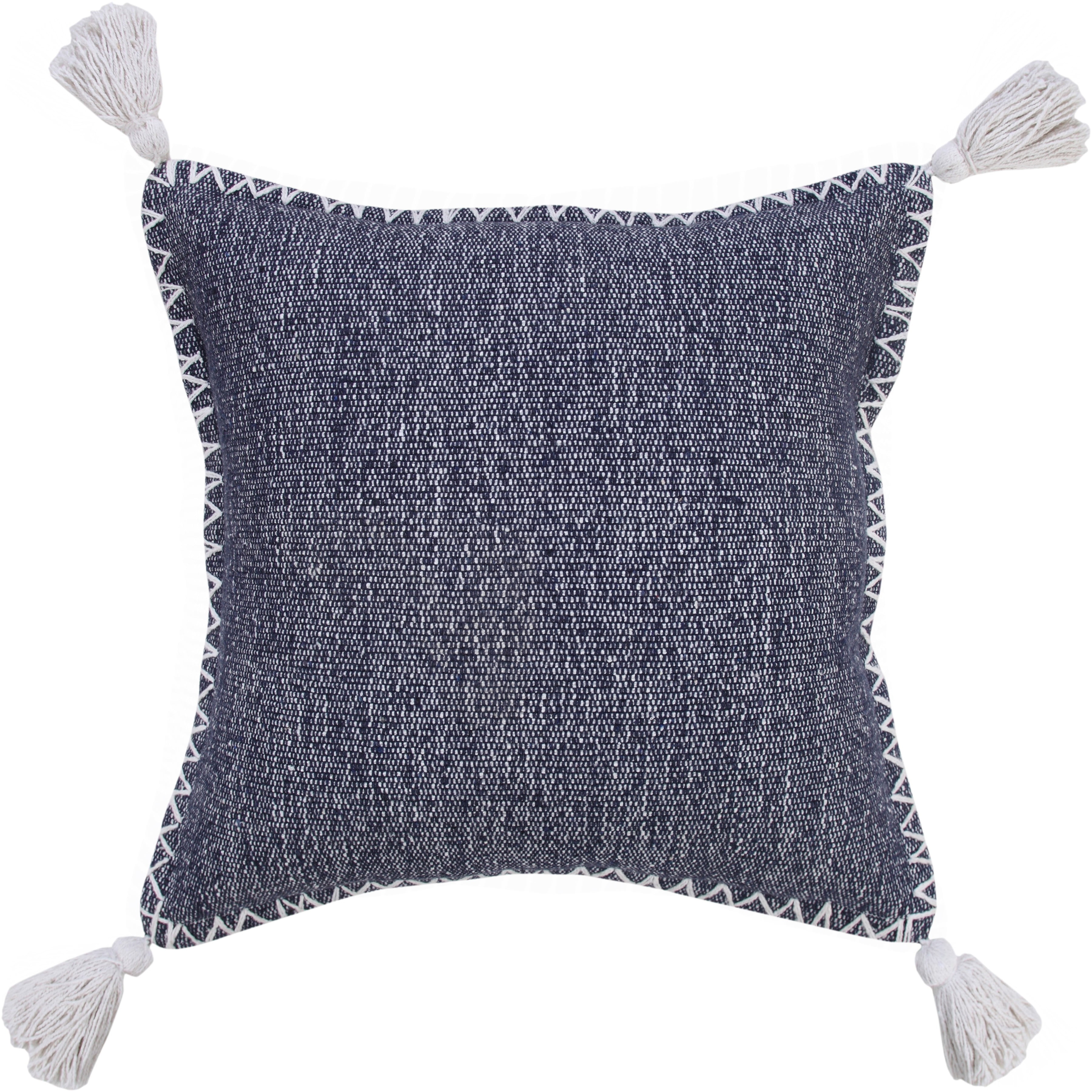 20" Blue and White Embroidered Cotton Throw Pillow