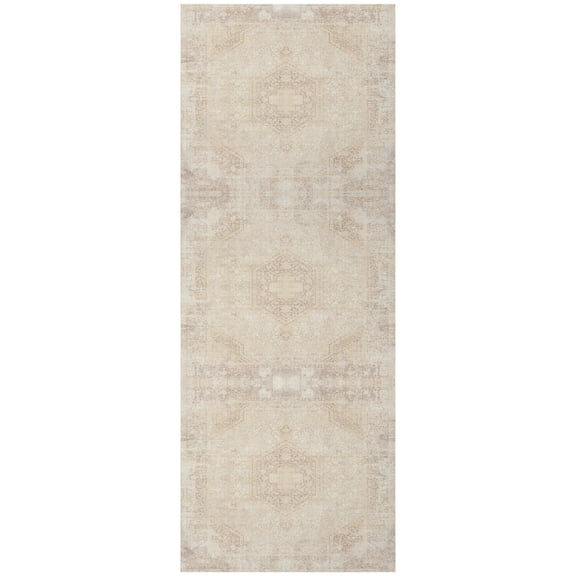 LR Home Brooke 2' x 5' Beige Medallion Waterproof Non-Slip Machine Washable Indoor Area Rug