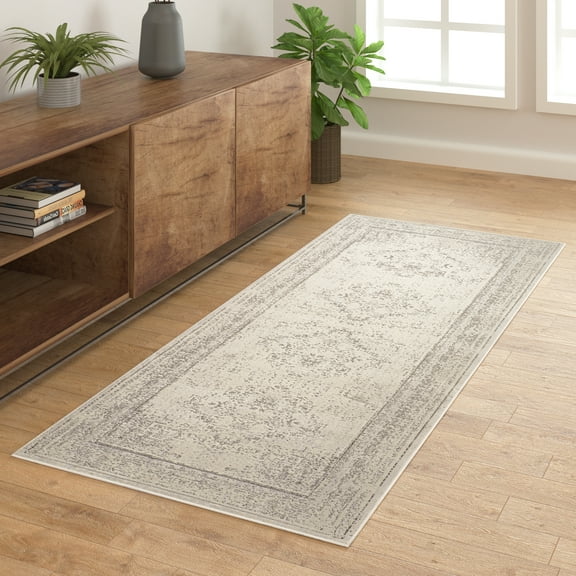 Lr Home Brooke 2' x 5' Gray Double Medallion Waterproof Non-Slip Machine Washable Indoor Area Rug